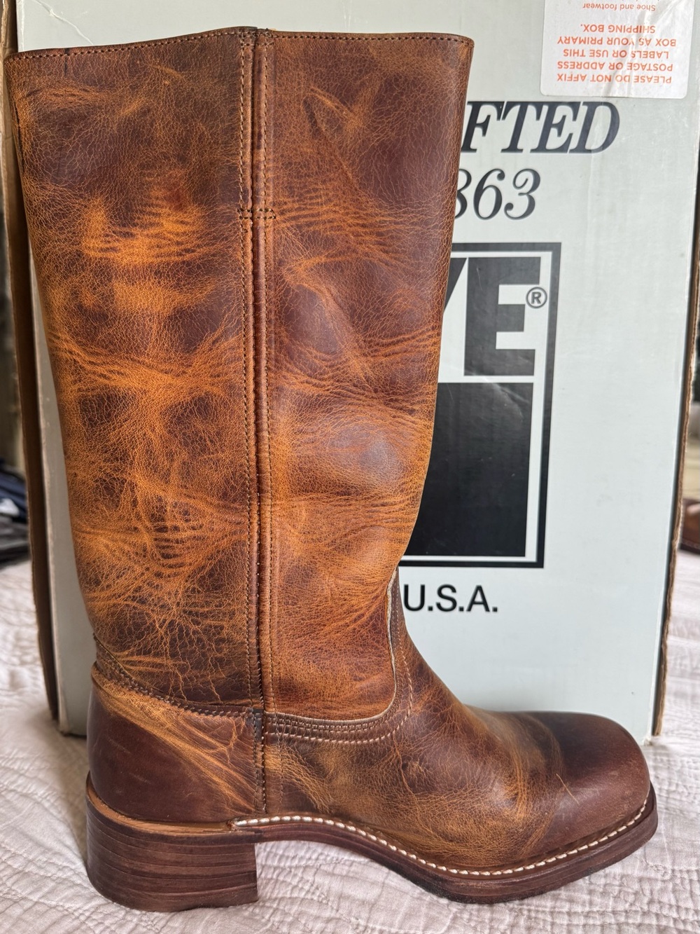 Frye Campus 14L Distressed Dark Brown Leather Mid-Calf Heeled Boots